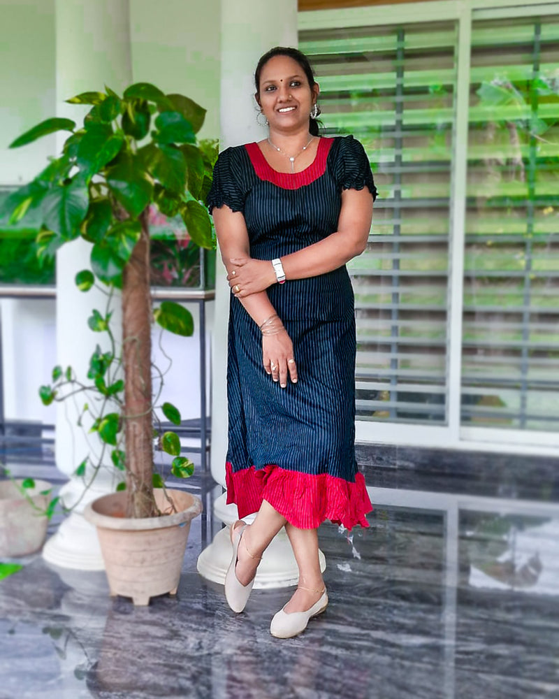 Cotton Stripes Calf length Nighty Black & Red, Women Night Dress Maxi Nighty