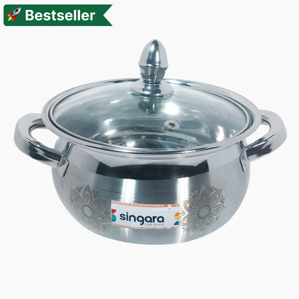 Stainless steel laser etching cook & serve dish with glass lid