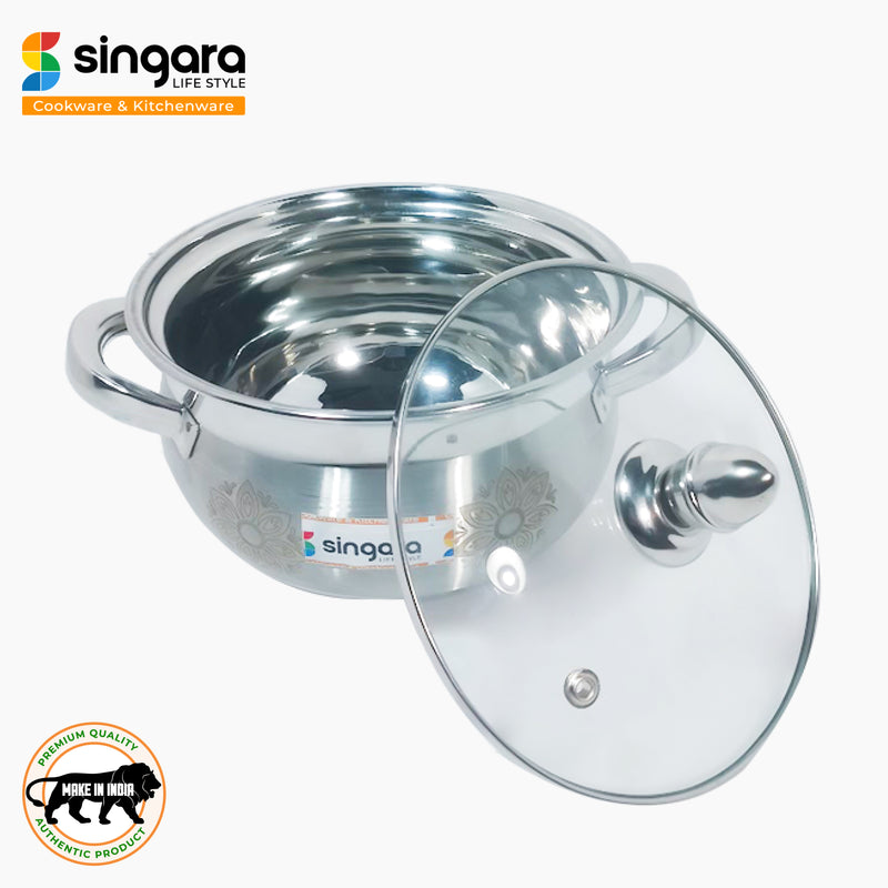 Stainless steel laser etching cook & serve dish with glass lid