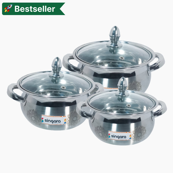 Stainless steel laser etching cook & serve dish with glass lid (Set of 3)