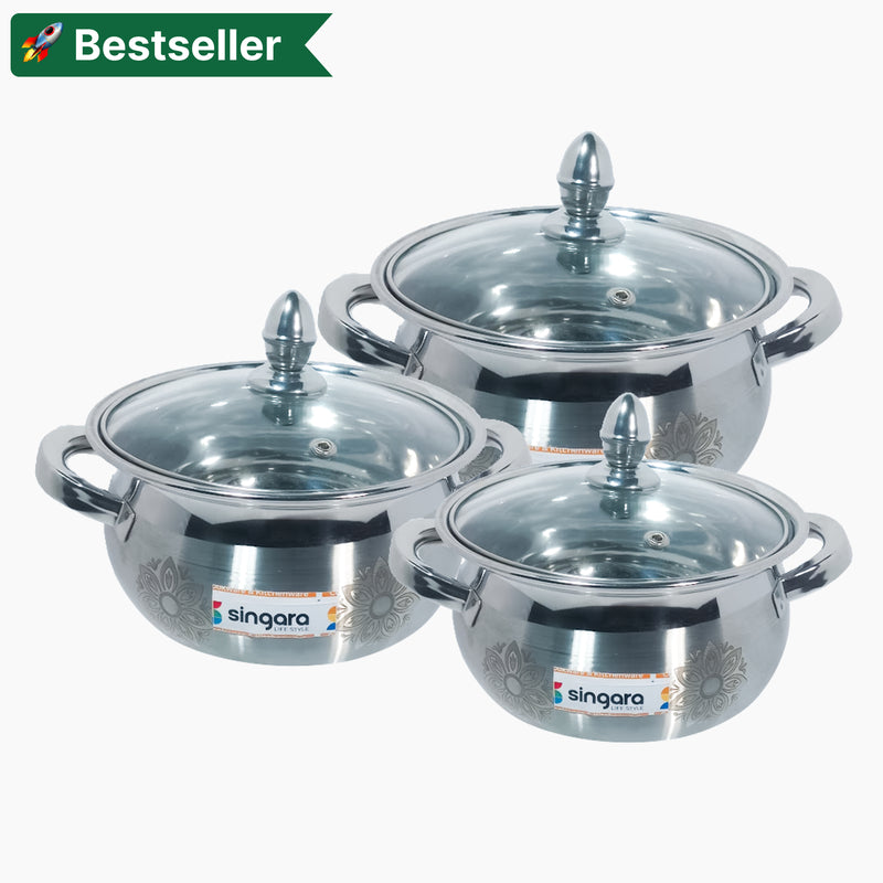 Stainless steel laser etching cook & serve dish with glass lid (Set of 3)