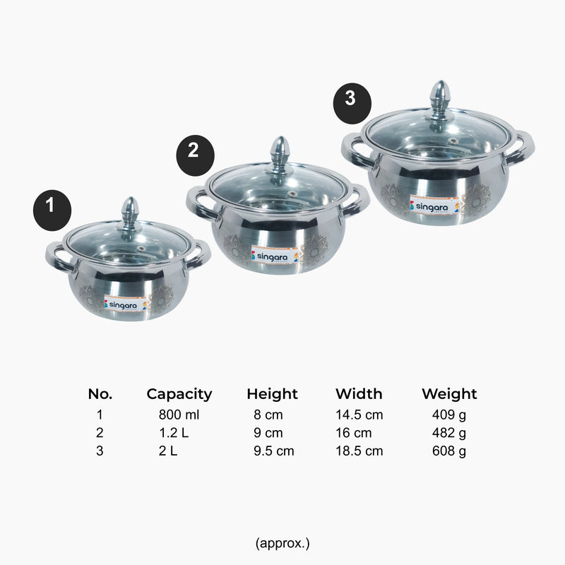 Stainless steel laser etching cook & serve dish with glass lid (Set of 3)