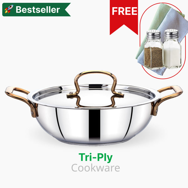 Triply Stainless Steel Kadai | Nonstick Kadai with Lid | Induction Kadai + FREE salt and pepper container & 2 napkins