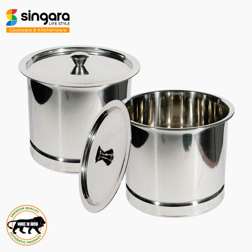 Stainless Steel Pawali with Lid | Set of 2 (4.4 L/6.8 L) | Drum/Storage Container For Atta/Rice/Grains