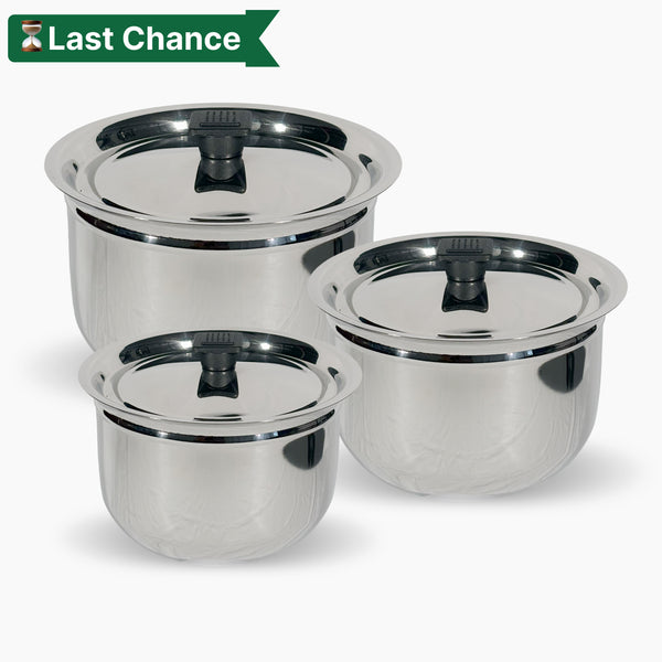 Stainless Steel Kitchen Serving & Cooking Bowl Set - Ring Handi with Lid Induction Friendly approx. Capacity -1.5 L,2.2 L, 3.5 L