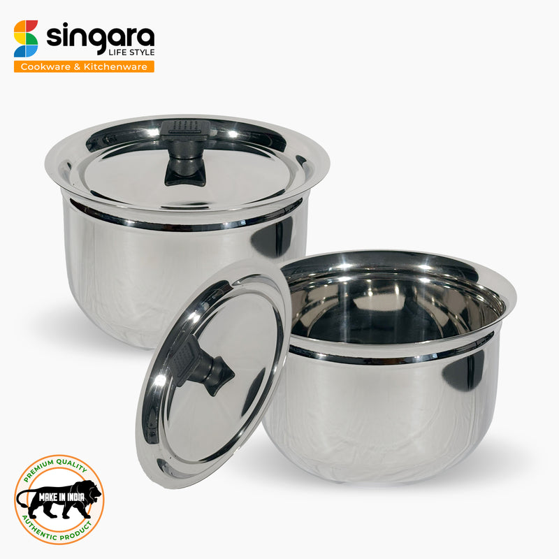 Stainless Steel Kitchen Serving & Cooking Bowl Set - Ring Handi with Lid Induction Friendly approx. Capacity -1.5 L,2.2 L, 3.5 L