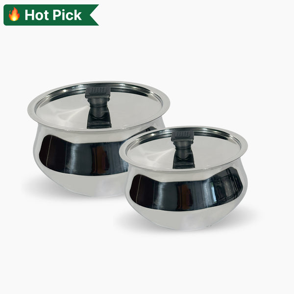 Stainless Steel Kitchen Serving & Cooking Bowl Set - Raj Handi with Lid Induction Friendly
