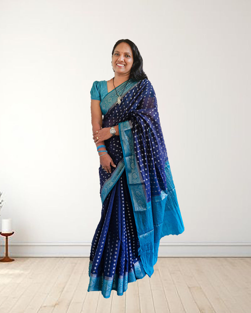 Banarasi Georgette Saree Navy Blue and Peacock Blue, Women Fashion