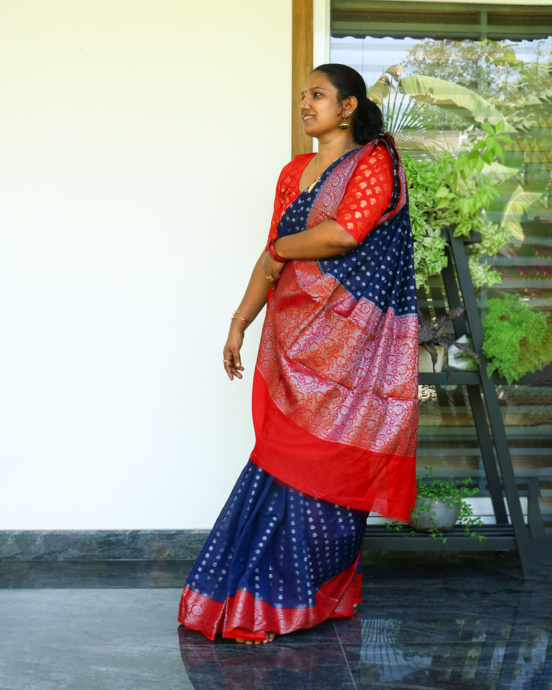 Banarasi Georgette Saree Navy Blue and Red, Women Fashion