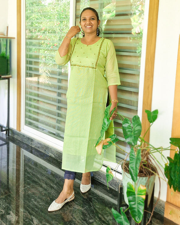 Net Cotta Zardosi Kurti Pista Green, Women Fashions