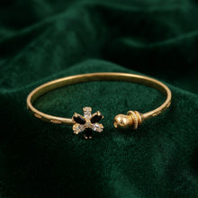 Adjustable Gold-Plated Open Cuff Floral Bangle with Black & CZ Stones