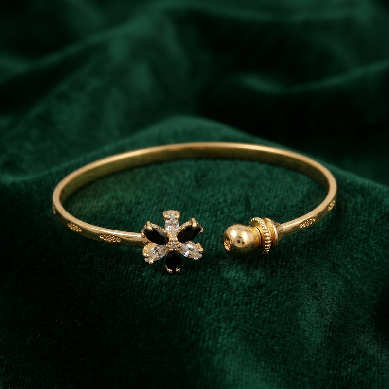 Adjustable Gold-Plated Open Cuff Floral Bangle with Black & CZ Stones