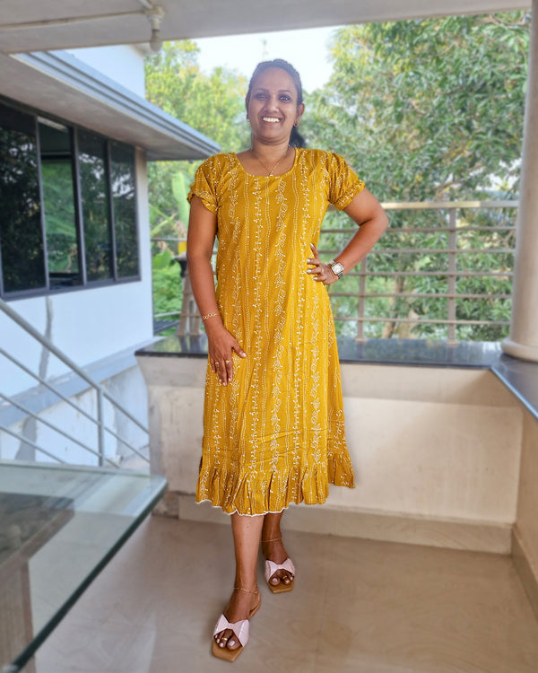 Cotton Chungudi Nighty Yellow and White Women Night Dress Maxi Nighty