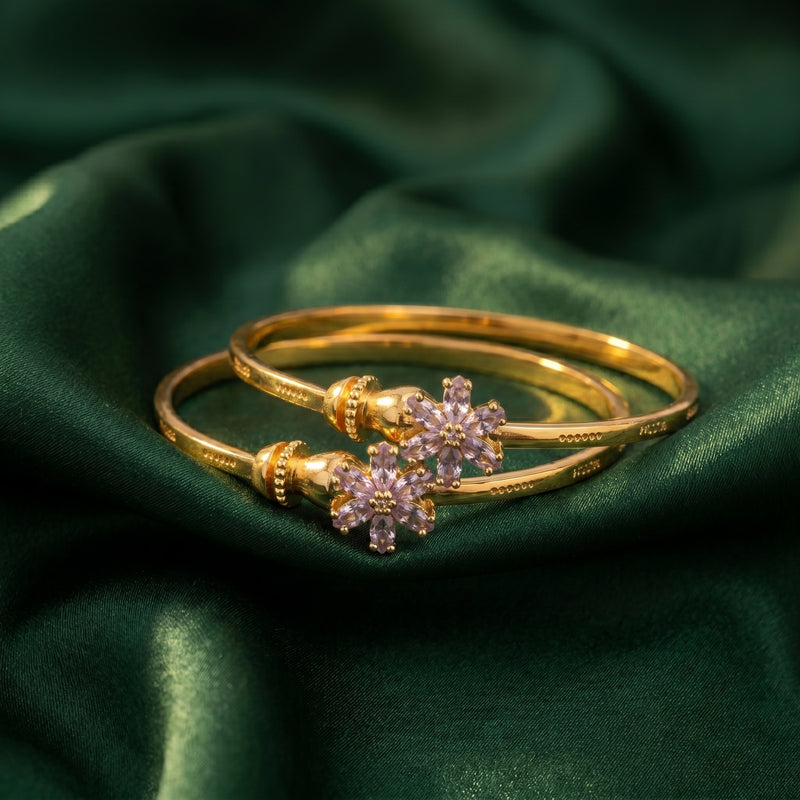 Adjustable Gold-Plated Lavender Floral Cuff Bangle