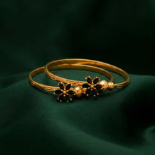 Adjustable Gold-Plated Black Floral Cuff Bangle