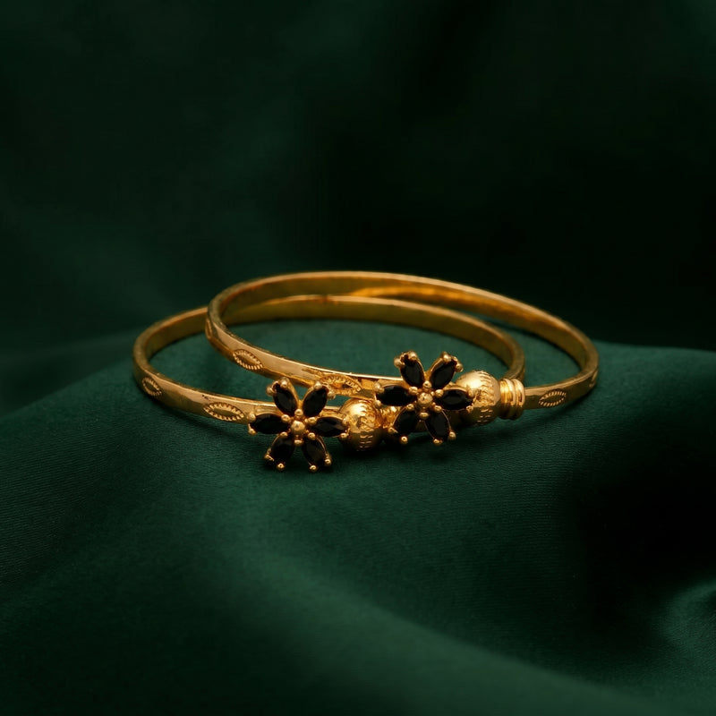 Adjustable Gold-Plated Black Floral Cuff Bangle