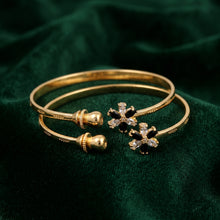Adjustable Gold-Plated Open Cuff Floral Bangle with Black & CZ Stones