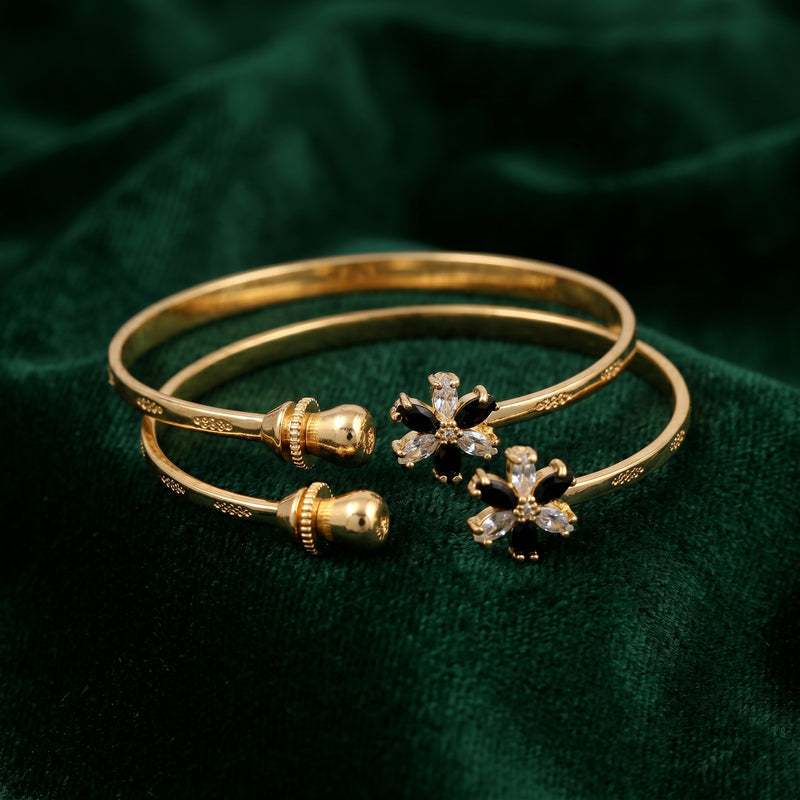 Adjustable Gold-Plated Open Cuff Floral Bangle with Black & CZ Stones