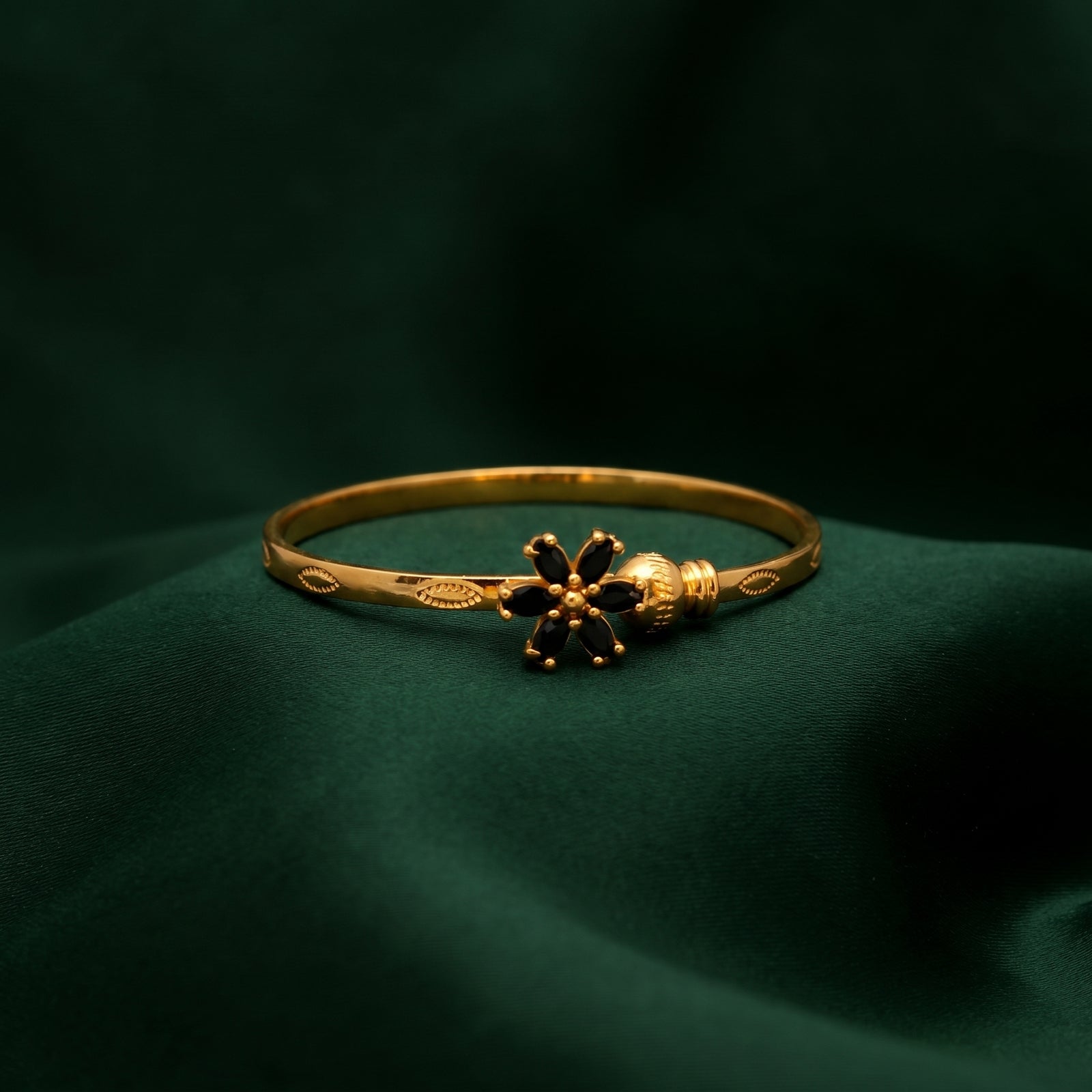 Adjustable Gold-Plated Black Floral Cuff Bangle