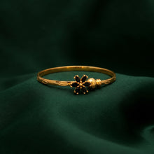 Adjustable Gold-Plated Black Floral Cuff Bangle