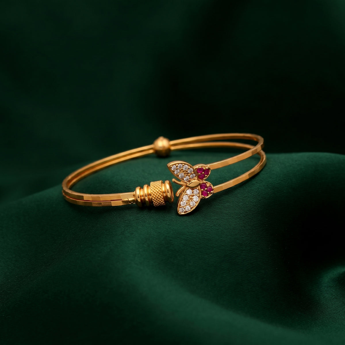 Adjustable Gold-Plated CZ & Ruby Butterfly Split-Band Bangle