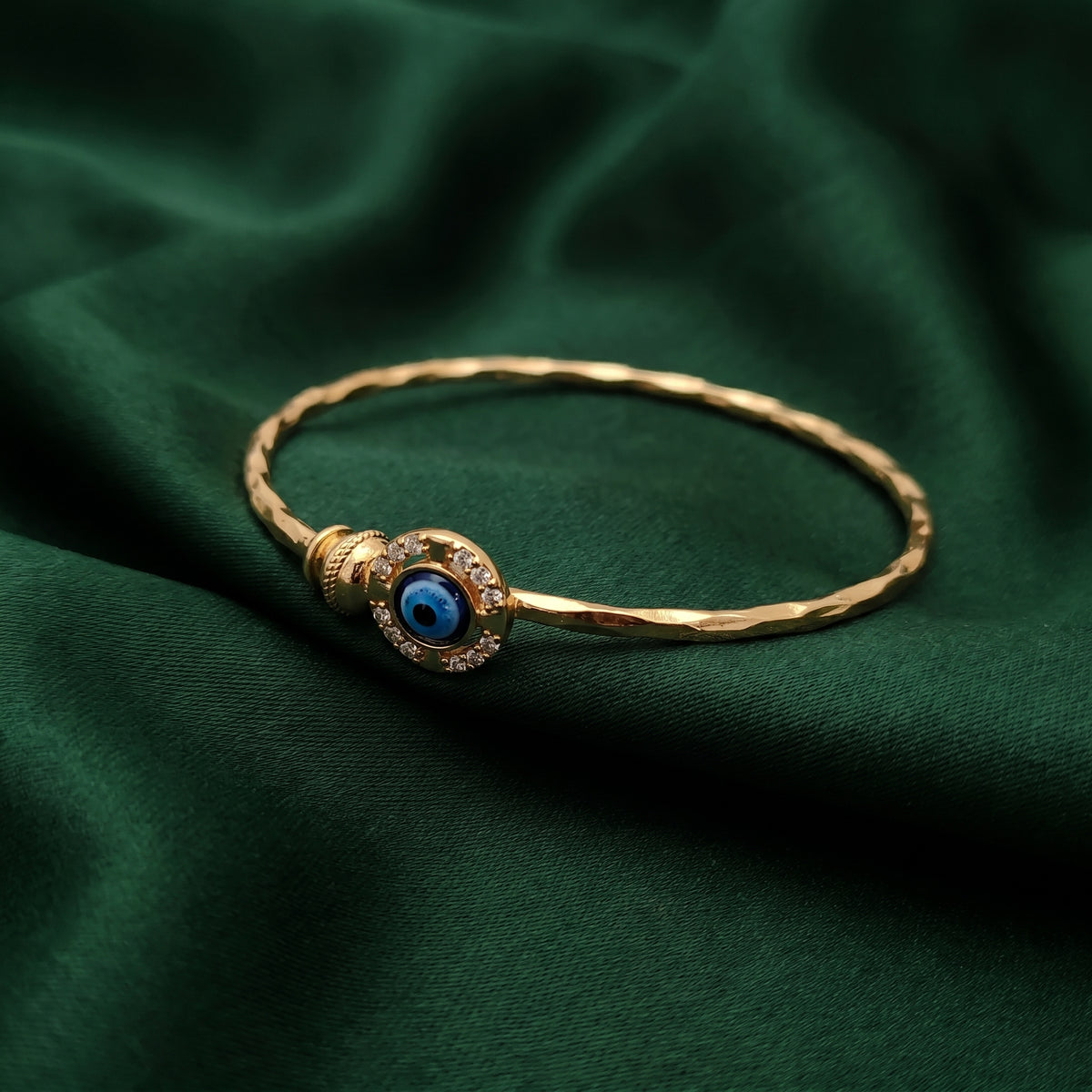 Adjustable Gold-Plated Evil Eye Cuff Bangle with CZ Halo