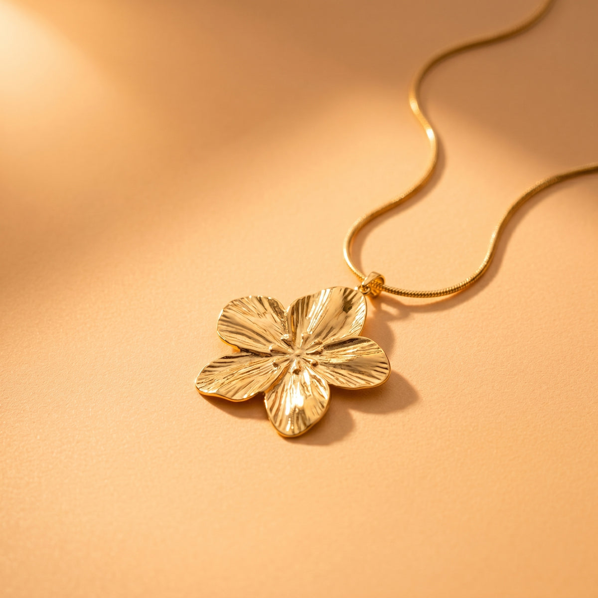 Bold Textured Gold Floral Statement Pendant on Snake Chain