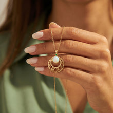 Luminous Opal & Gold Filigree Crescent Pendant Necklace