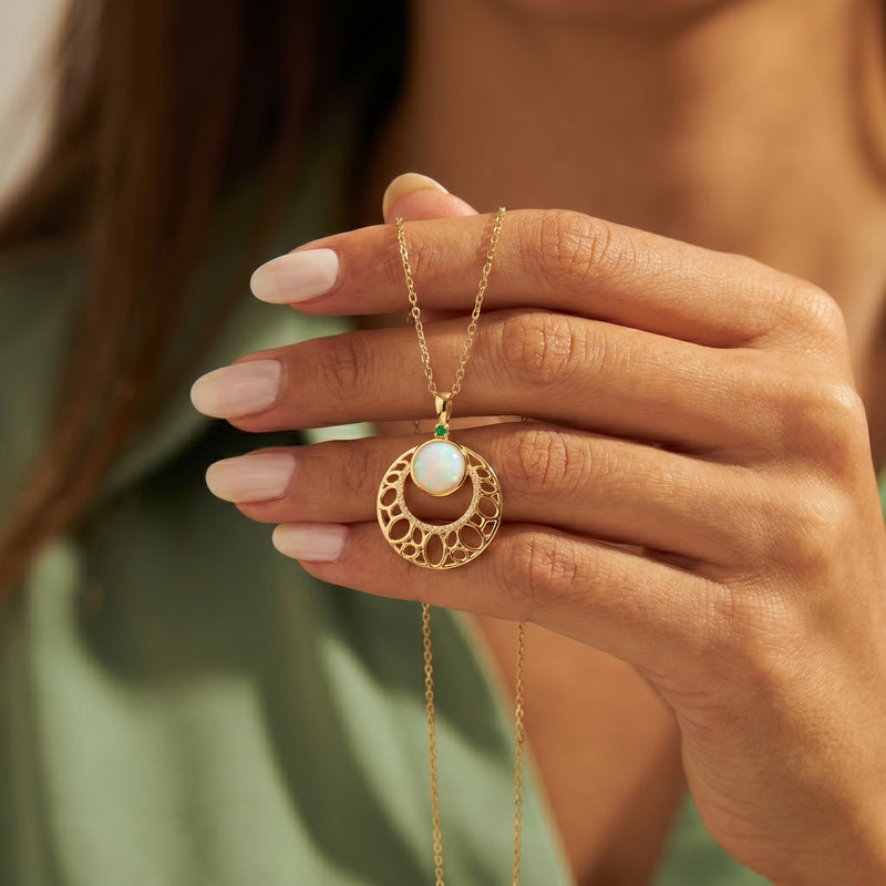 Luminous Opal & Gold Filigree Crescent Pendant Necklace
