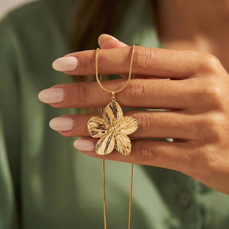 Bold Textured Gold Floral Statement Pendant on Snake Chain