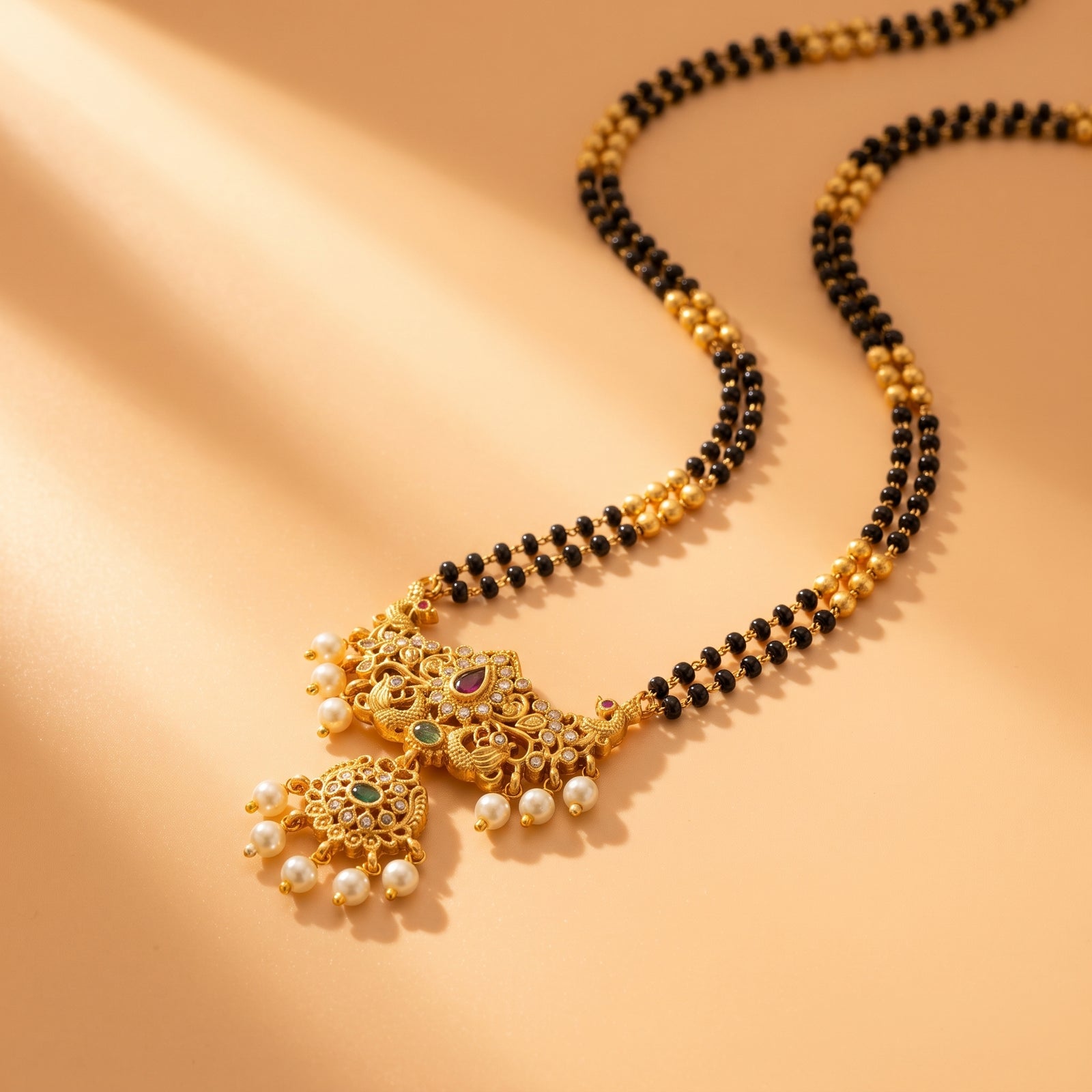 Antique Gold-Plated Double Chain Mangalsutra with Pearl Drops
