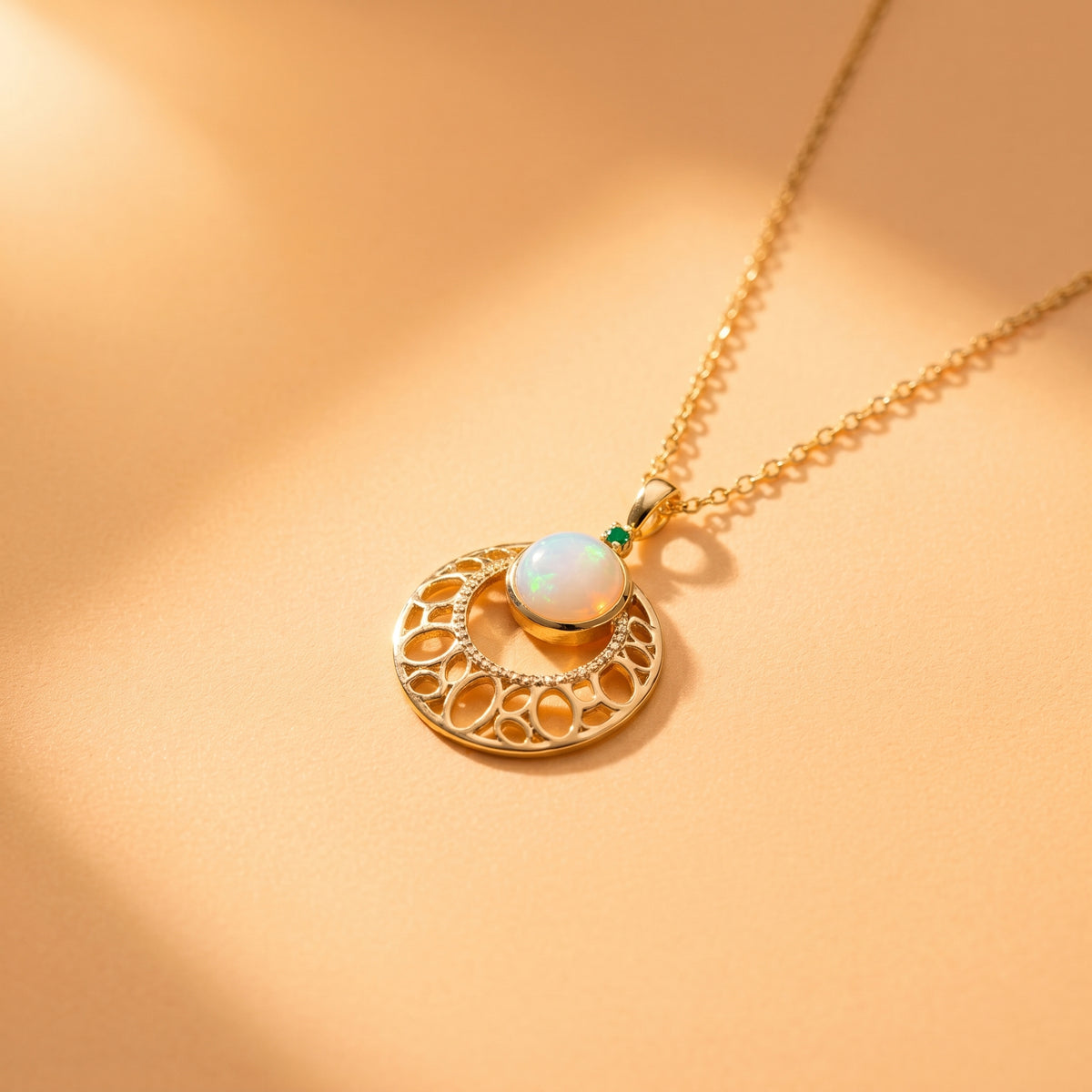 Luminous Opal & Gold Filigree Crescent Pendant Necklace
